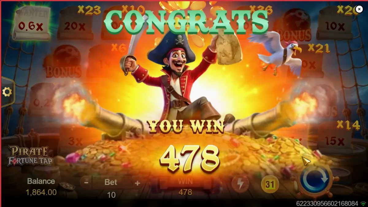 Tampilan antarmuka permainan slot Pirate Fortune Tap dengan meriam kapal dan target bajak laut