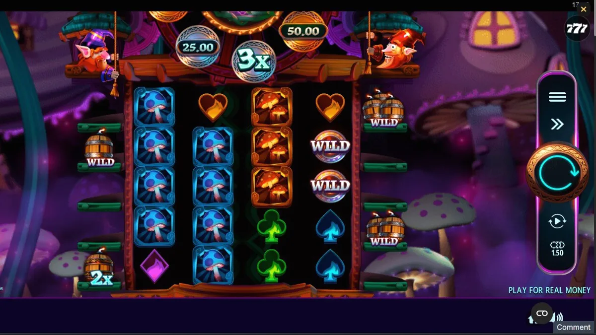 Tampilan visual slot Fire Gnomes 2 Magic Wheel dengan tema hutan jamur magis dan gnome yang eksentrik.