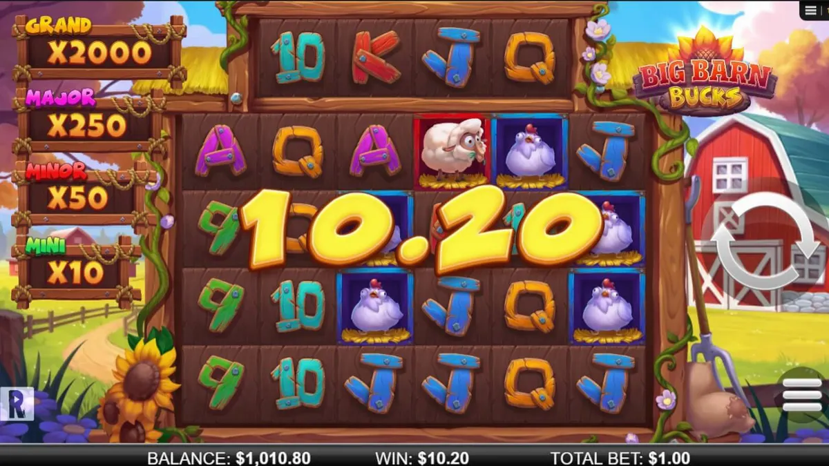 Tampilan antarmuka slot Big Barn Bucks dengan tema peternakan yang ceria